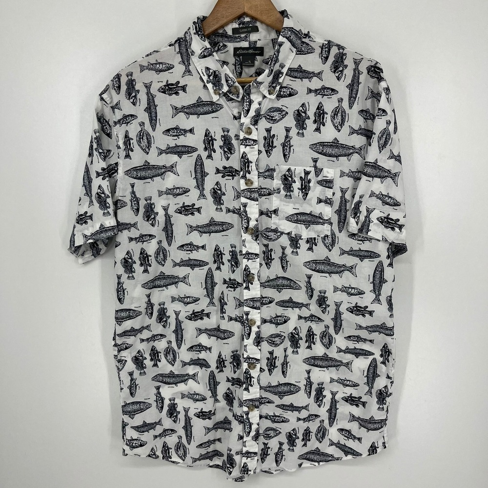 Eddie Bauer Mens Tall Fish Print Button Down Shirt White Blue Cotton TL